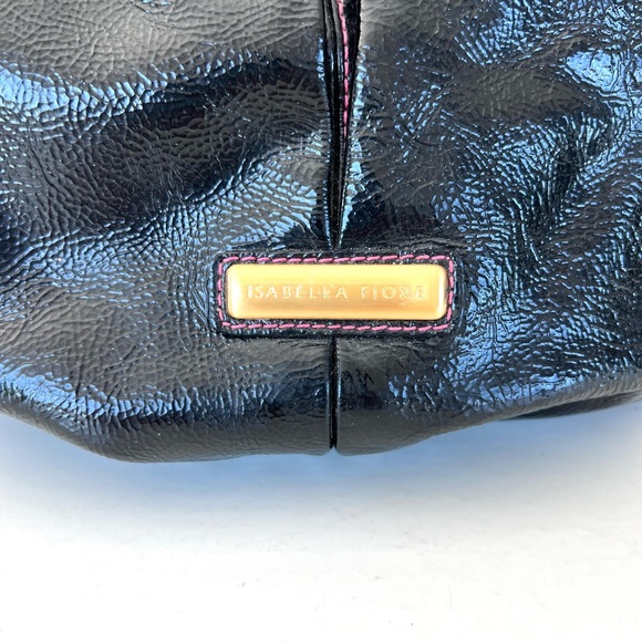 ISABELLA FIORE Black Patent Leather w Pink Stitches Side Pockets Domed Boho Tote - Picture 6 of 15